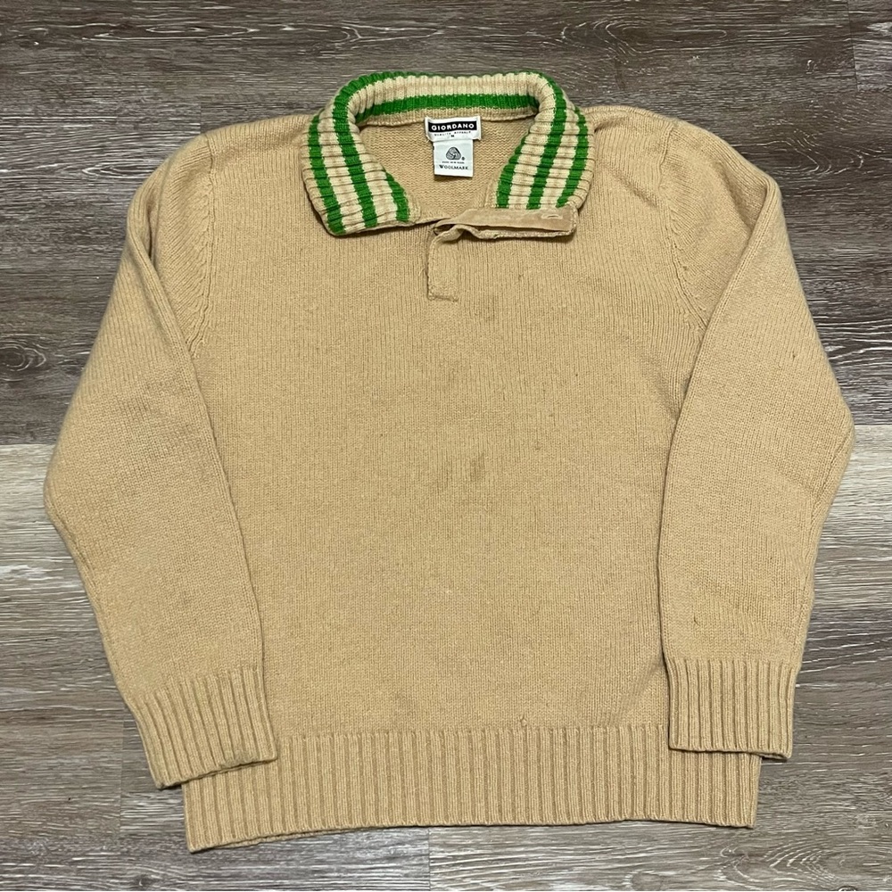 Giordano Pure New Wool Cable Knit Sweater Pullover Button Collar Mens Medium